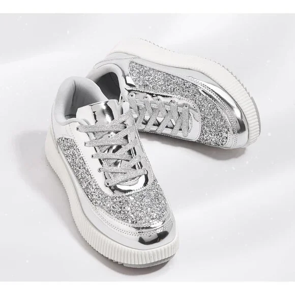 Lucky Step Women's Silver Platform Sneakers Rhinestone Fashion Chunky Shoes - Picture 5 of 9